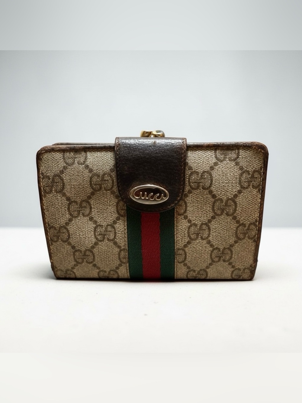Vintage Gucci GG Supreme Web Stripe Compact Wallet Brown Italy Authenticated